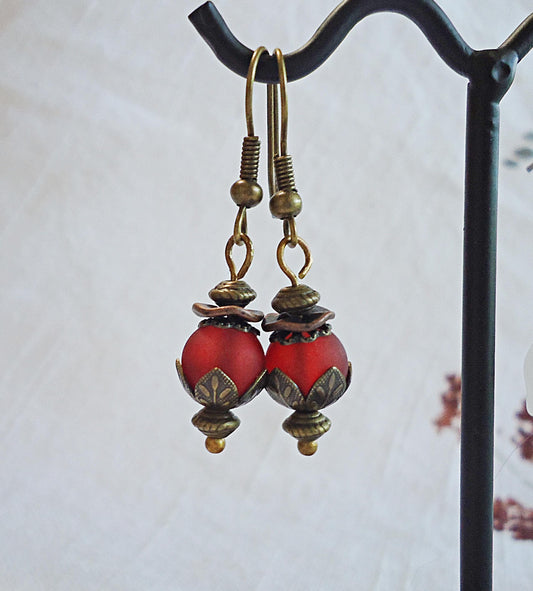 Dark Red and Antique Bronze Earrings, Vintage Flair, Boho, Short Dangle