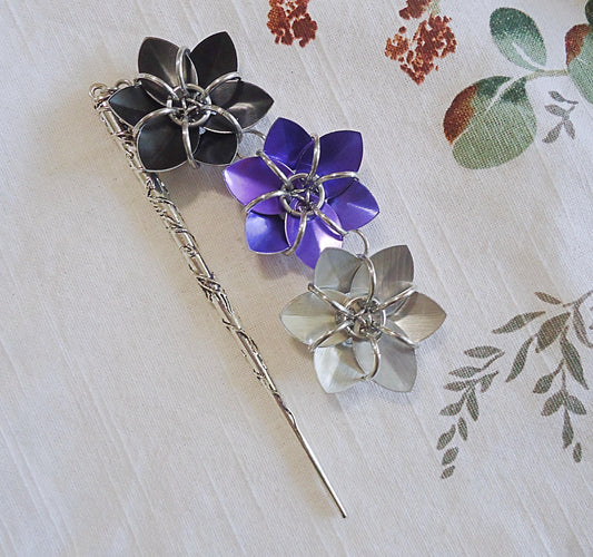 Metal Hair Stick - Three Flowers - Black, Purple, Silver - Antique Silver Hair Stick with Wrapping Vines