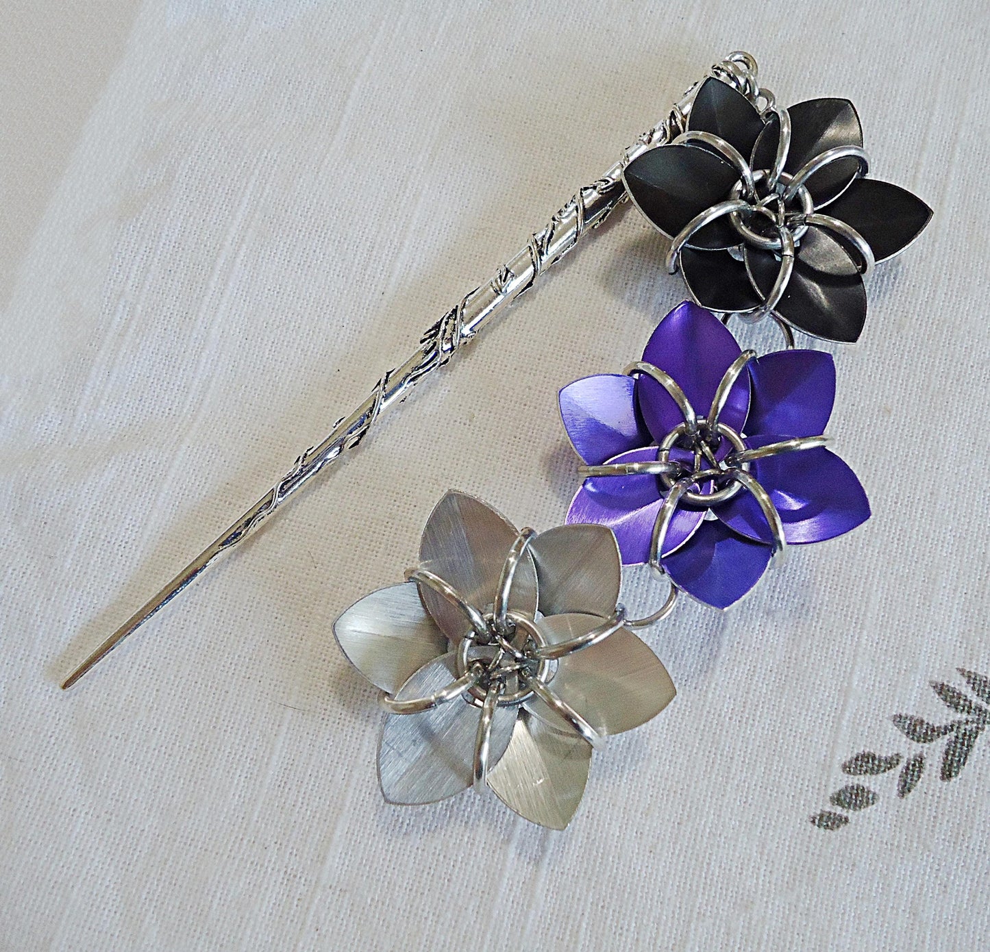 Metal Hair Stick - Three Flowers - Black, Purple, Silver - Antique Silver Hair Stick with Wrapping Vines