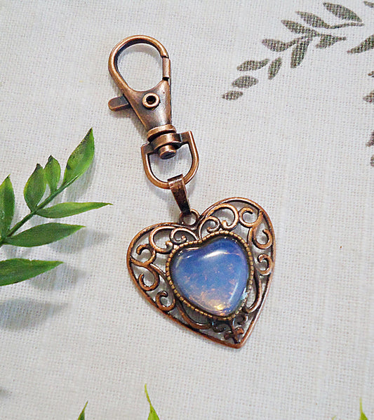 Antique Copper and Opal Filigree Heart Bag Charm, Purse Charm, Zipper Pull, Keychain, Swivel Clasp