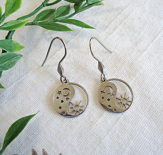 CORE ESSENTIALS - Stainless Steel Earrings, Silver Yin Yang / Sun and Moon / Night and Day