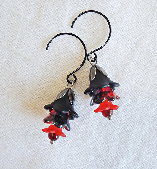 Black and Red Flower Earrings, Round Stainless Steel Earwire, Lily of the Valley, Tulip, Trumpet Flower, 1" Dangle