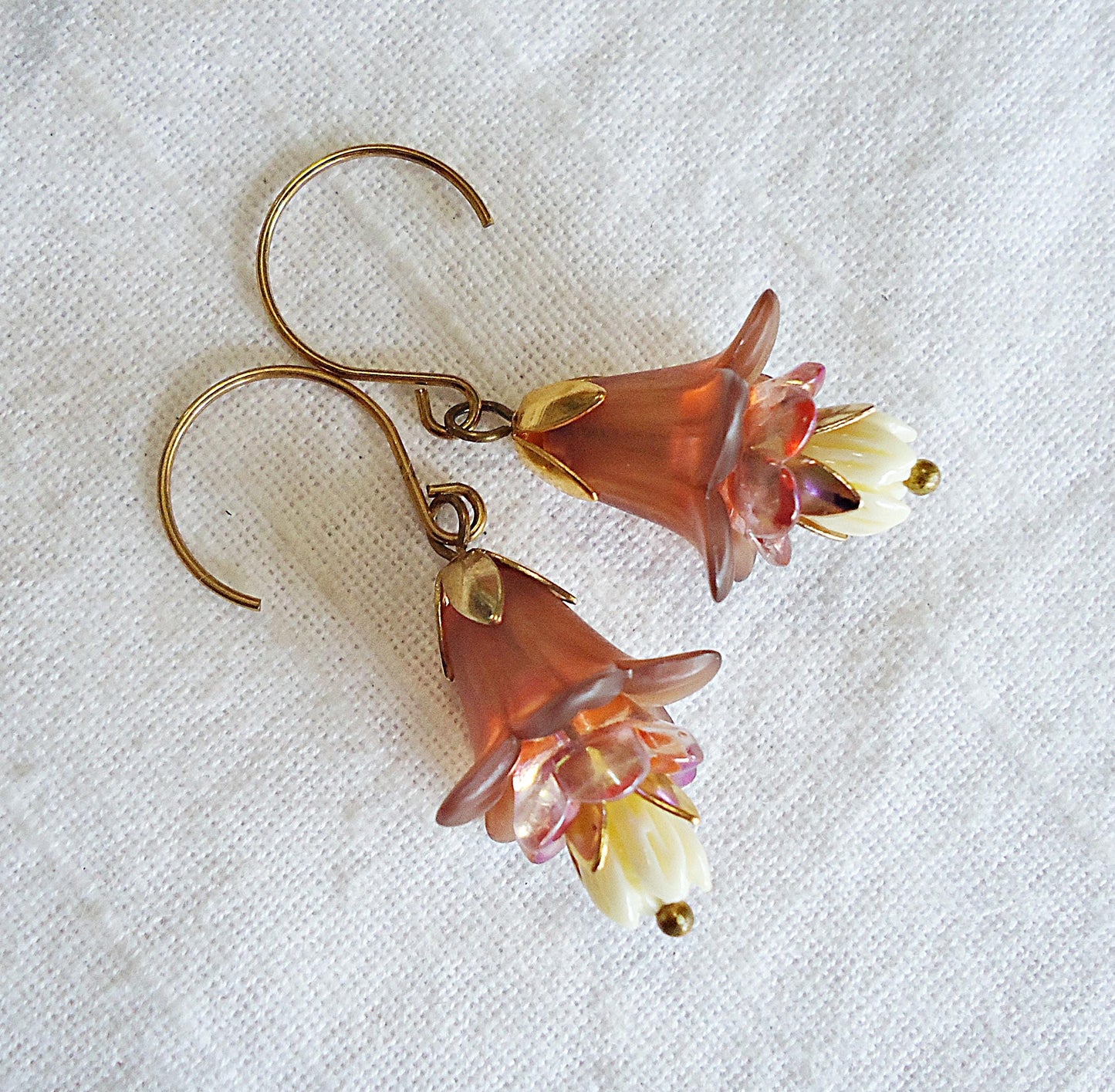 Champagne and Gold Tulip Flower Earrings, Lily of the Valley, Light Brown White Gold