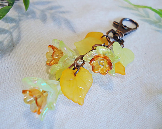 Daffodil Flowers and Leaves, Yellow and Orange, Bag Charm, Purse Charm, Keychain, Copper Swivel Clasp, Glass
