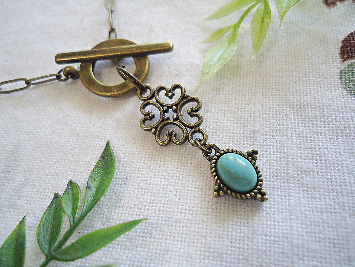 Turquoise Drop, Front Toggle Clasp Necklace, Antique Bronze, Paperclip Chain, Boho