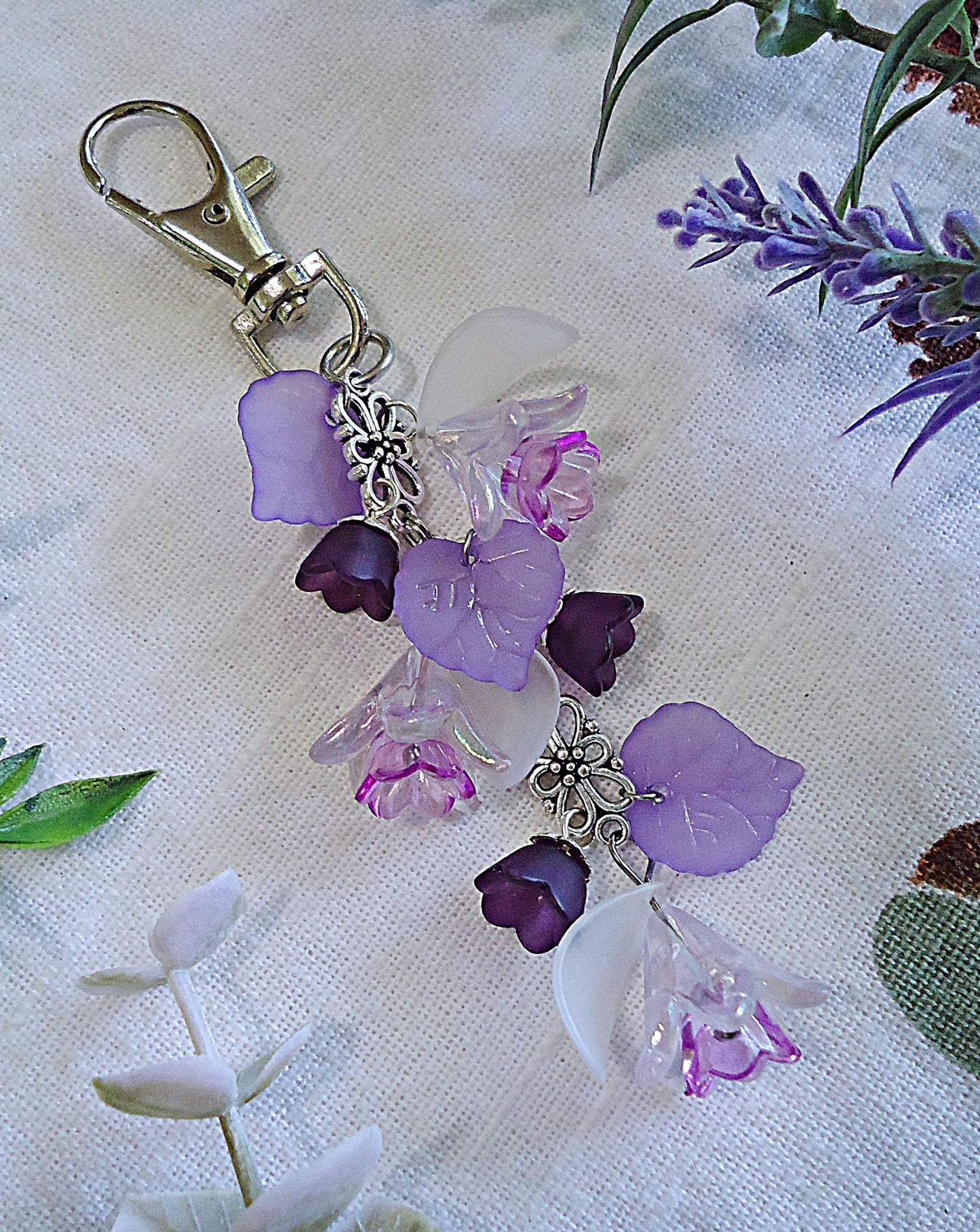 Bag Charm, Purple Flowers, White Petals, Silver Flower, Swivel Clasp, Key Chain, Zipper Pull, Purse Charm, Lily of the Valley, Tulip