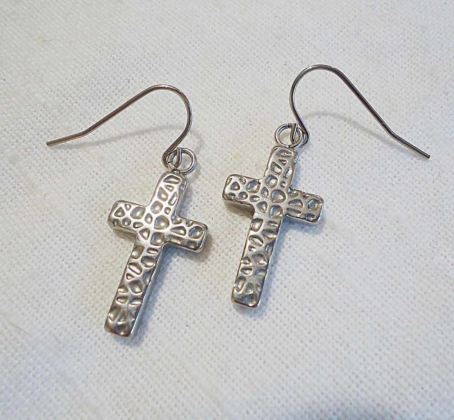 Hammered Cross Silver Earrings, Stainless Steel, Non-Tarnishing, Hypoallergenic, Minimalist, Christian, Religious, Textured, 7/8" Dangle