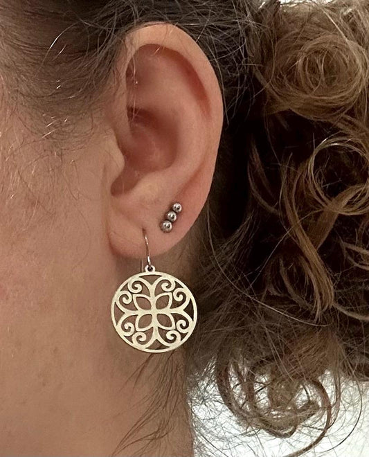 Mandala Earrings, Silver Stainless Steel, Laser-cut, 20mm Round