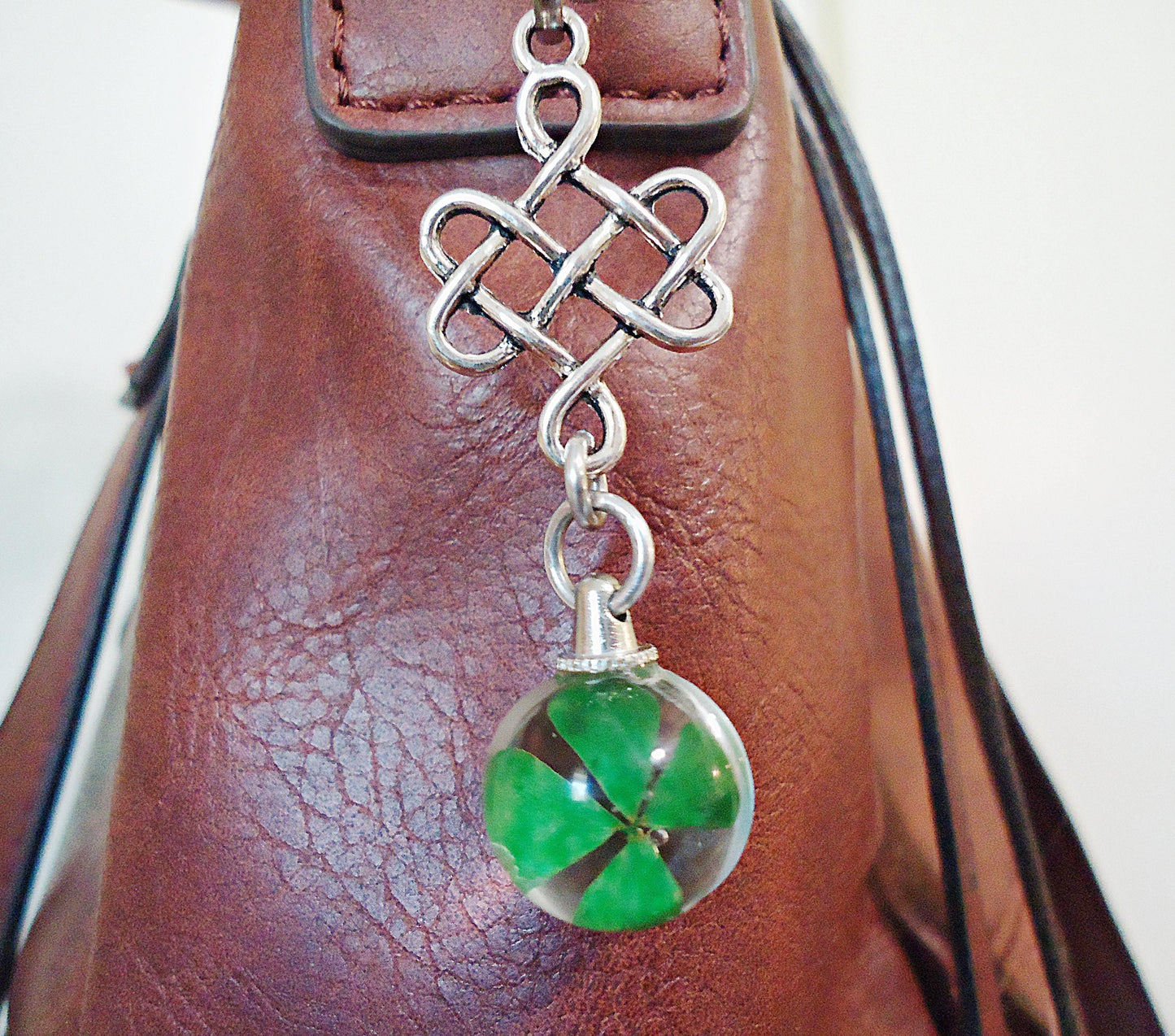 Lucky Celtic Four Leaf Clover Bag Charm, Purse Charm, Zipper Pull, Dried Shamrock in Glass, Celtic Knot, Silver, Stainless Steel