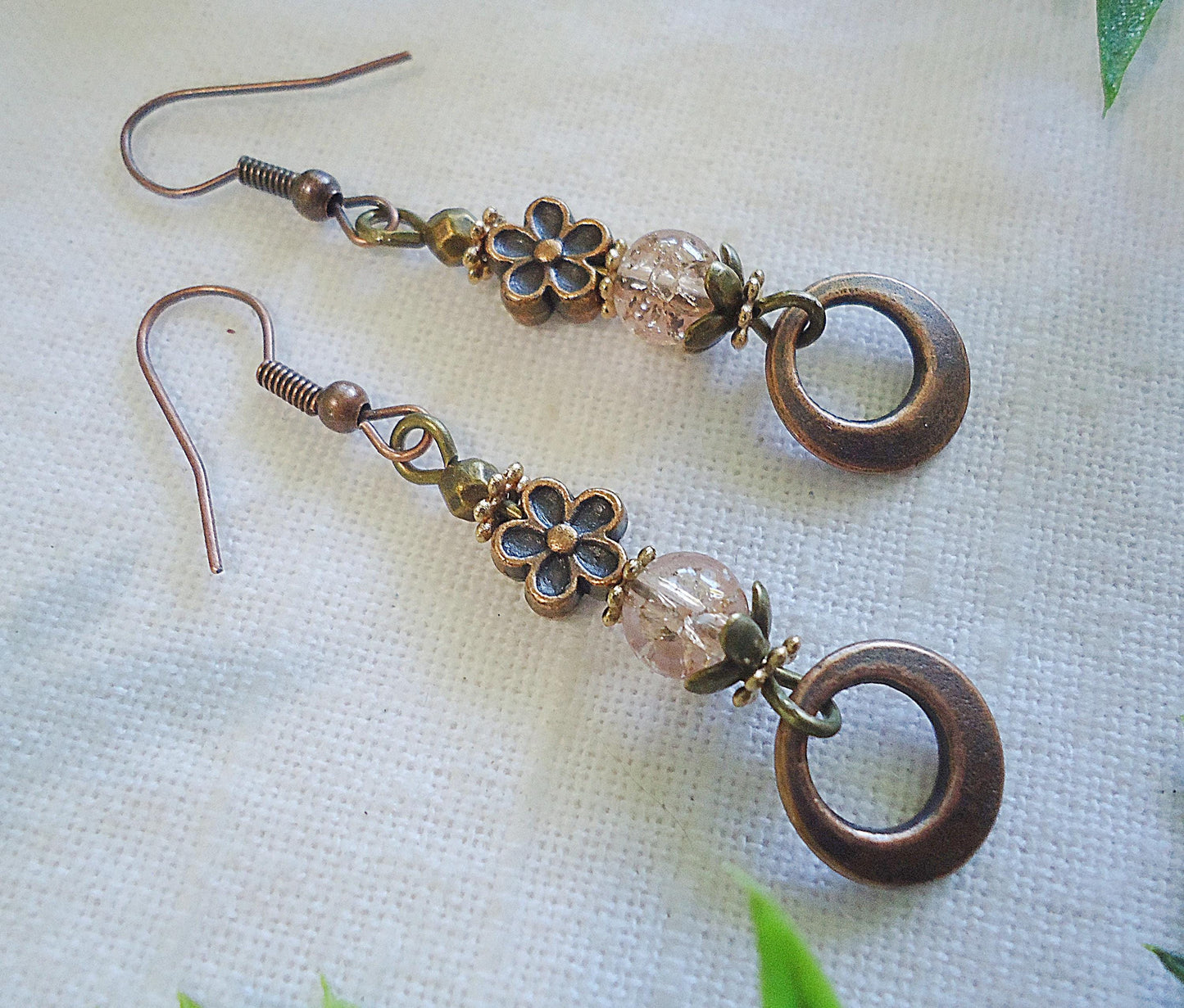 Antique Copper Dangle Earrings, Crackle Glass, Copper Flowers, Bronze, Rose Gold