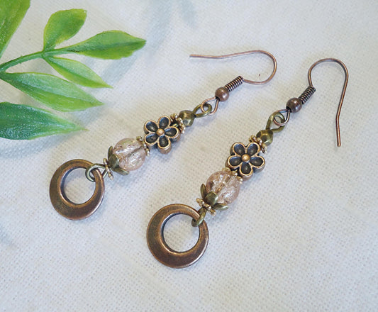 Antique Copper Dangle Earrings, Crackle Glass, Copper Flowers, Bronze, Rose Gold