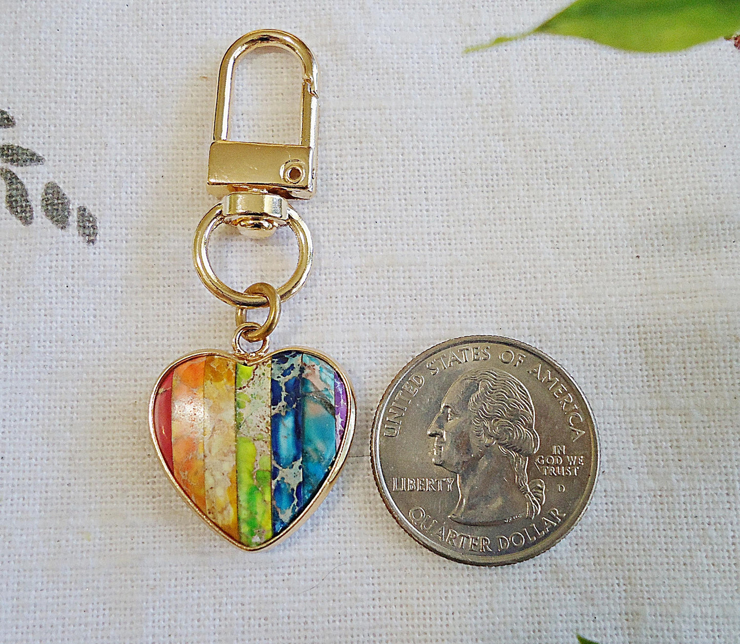 Rainbow Jasper Stone Heart Bag Charm, Zipper Pull, Purse Charm, Split Key Ring, Keychain