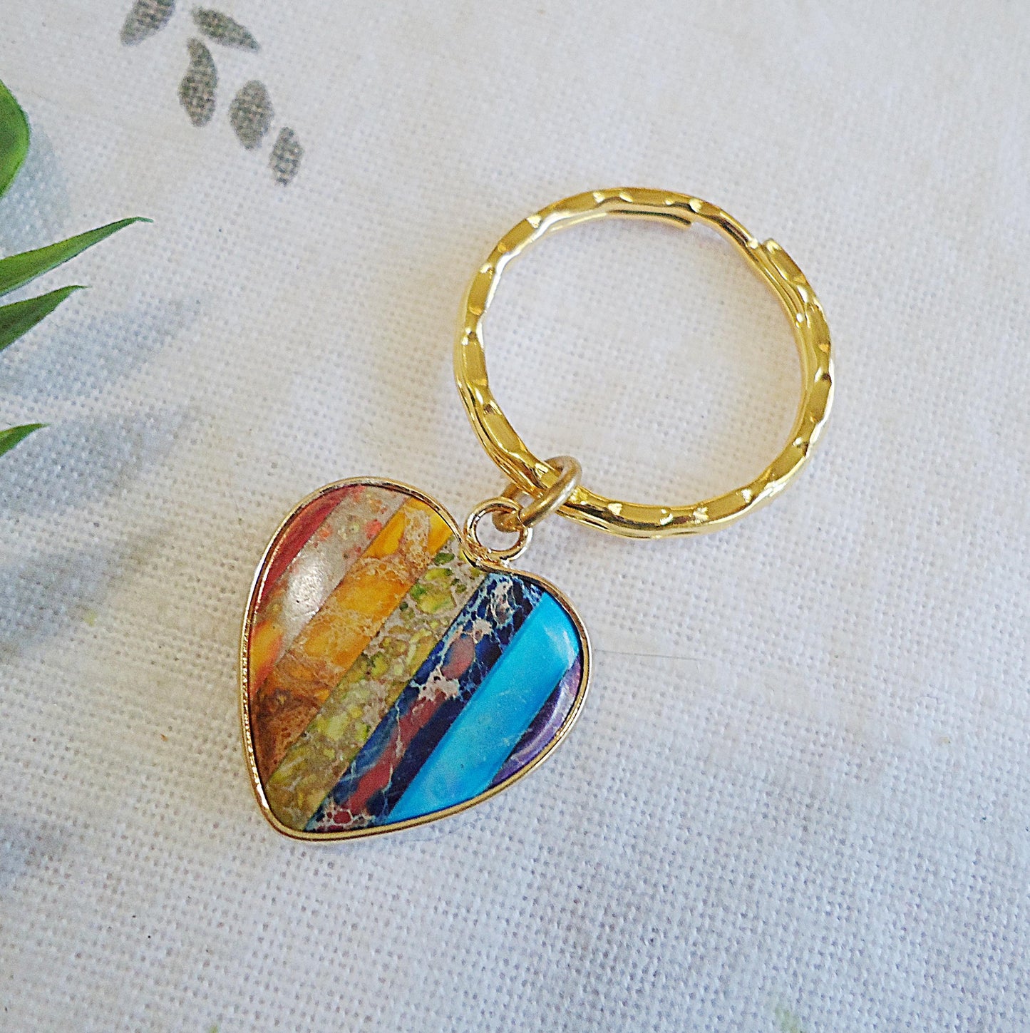 Rainbow Jasper Stone Heart Bag Charm, Zipper Pull, Purse Charm, Split Key Ring, Keychain
