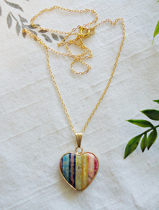Rainbow Jasper Stone Heart Necklace, Sweet and Simple, Gold Brass 18" Chain