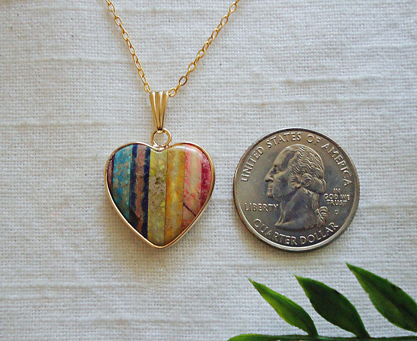 Rainbow Jasper Stone Heart Necklace, Sweet and Simple, Gold Brass 18" Chain