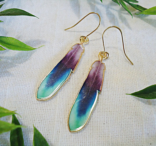 Long Feather Earrings, Ombre Purple Blue Green Gold, 1.25" Dangle