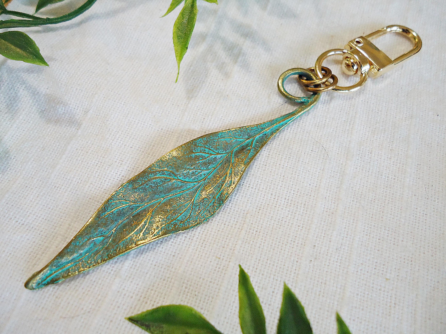 Bag Charm, Antique Patina Green Bronze Leaf Purse Charm, Zipper Pull, Keychain