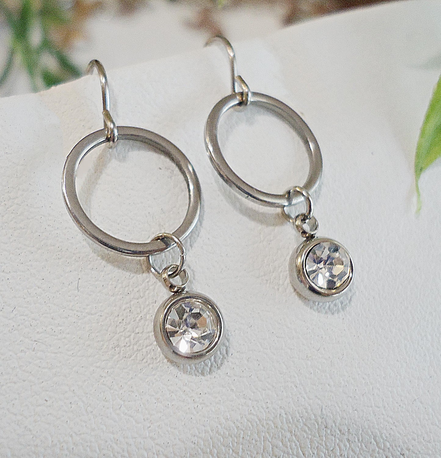 Birthstone Earrings, Stainless Steel and Cubic Zirconia, Round Hoop with Birthstone Charm Drop