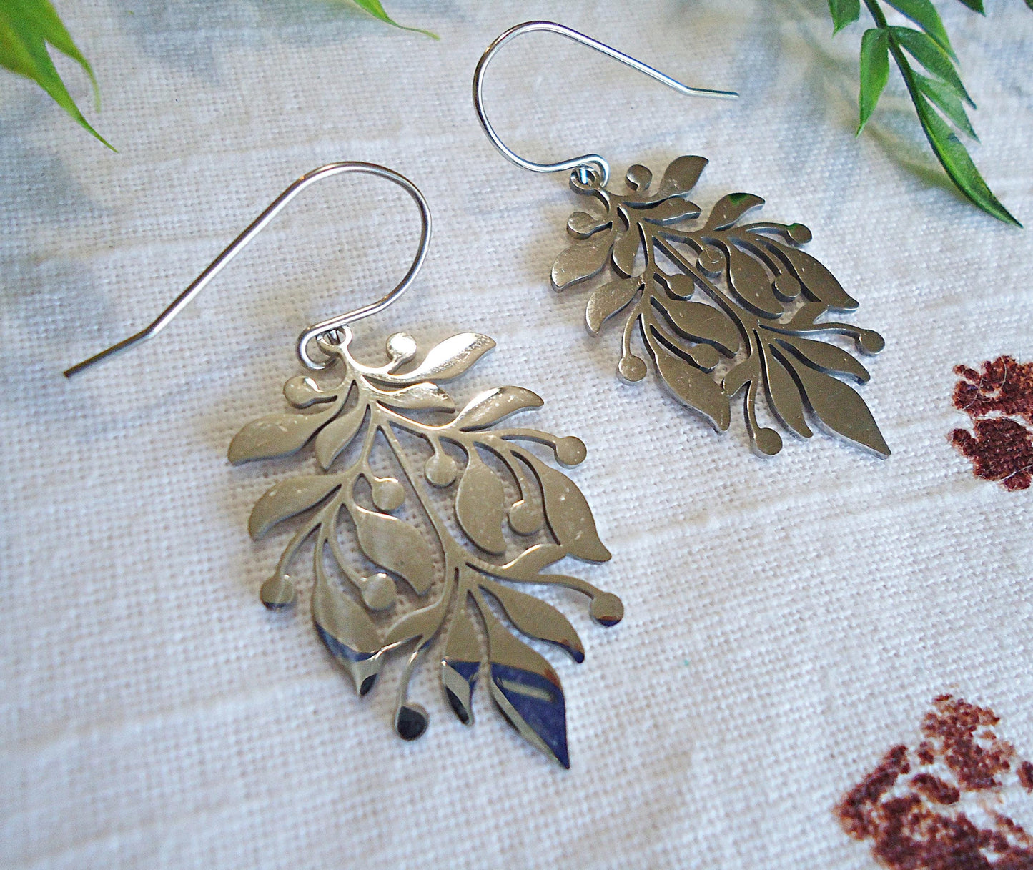 Silver Stainless Steel Laser cut Earrings, Large Leaf Design, Huggie Hoop Leverbacks