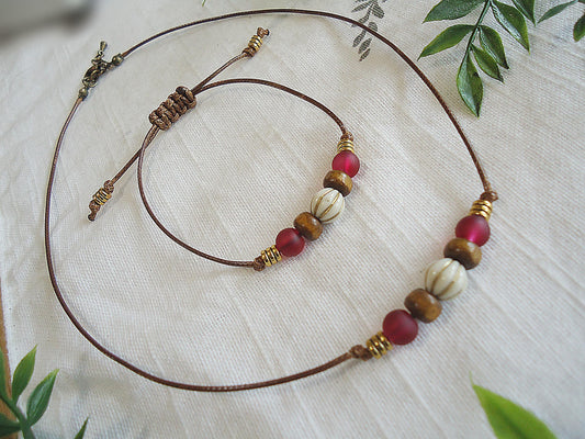 Choker Necklace, Dark Brown Cord, Deep Red Brown Gold, Wood Glass Metal, Frosted Glass, Sea Glass