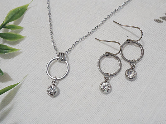 Birthstone Necklace, Stainless Steel and Cubic Zirconia, Round Hoop with Birthstone Charm Drop, Pendant Necklace, Stainless Steel 18" Chain