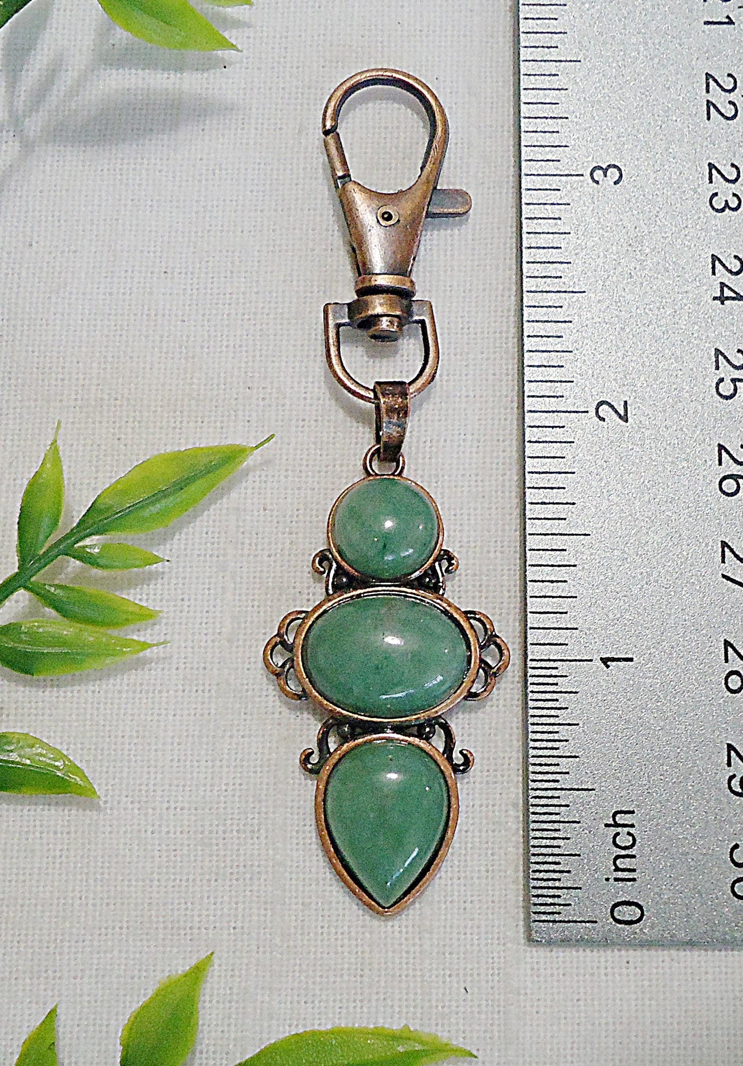 Green Aventurine Stone, Antique Copper, Triple Stone, Bag Charm, Zipper Pull