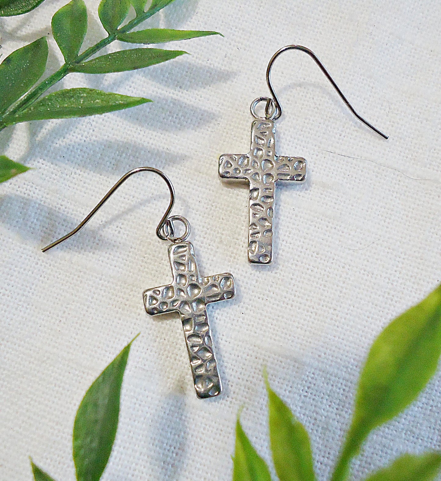 Hammered Cross Silver Earrings, Stainless Steel, Non-Tarnishing, Hypoallergenic, Minimalist, Christian, Religious, Textured, 7/8" Dangle