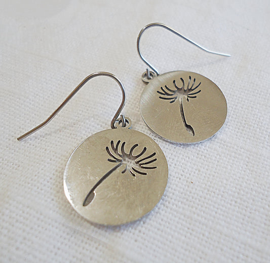 Minimalist Silver Dandelion Earrings, Stainless Steel, Laser-cut, 5/8" Dangle