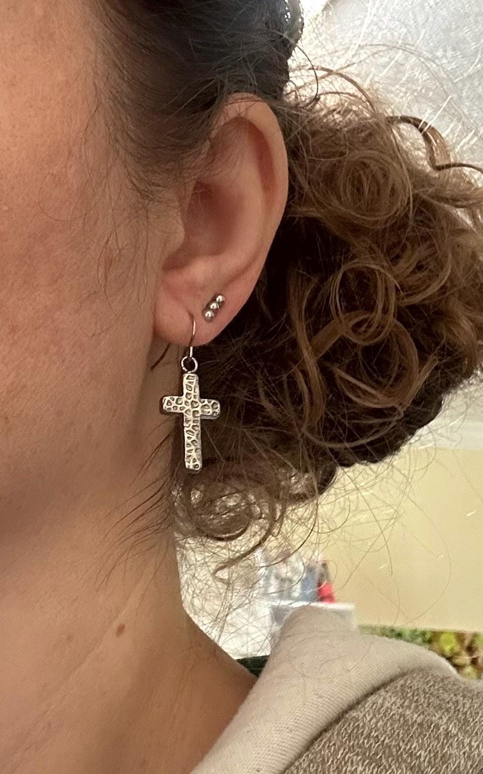 Hammered Cross Silver Earrings, Stainless Steel, Non-Tarnishing, Hypoallergenic, Minimalist, Christian, Religious, Textured, 7/8" Dangle