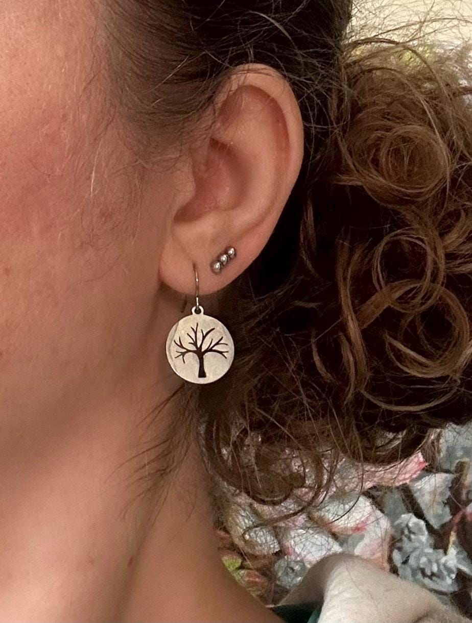 Minimalist Silver Tree Earrings, Stainless Steel, Laser-cut, 5/8" Dangle