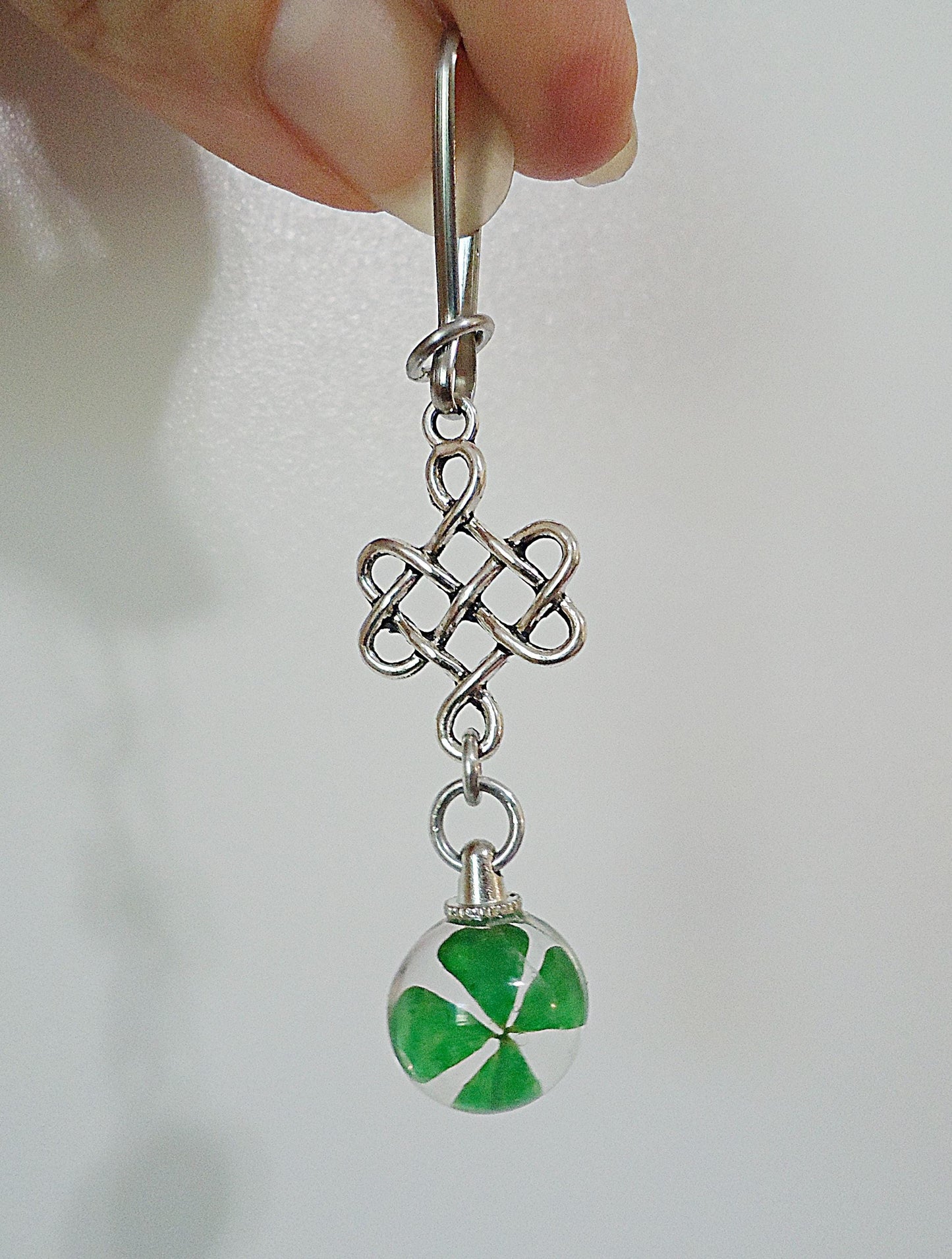 Lucky Celtic Four Leaf Clover Bag Charm, Purse Charm, Zipper Pull, Dried Shamrock in Glass, Celtic Knot, Silver, Stainless Steel
