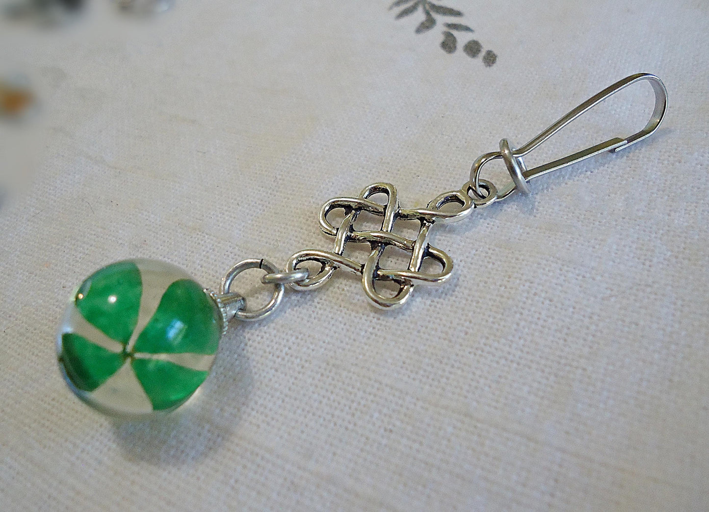 Lucky Celtic Four Leaf Clover Bag Charm, Purse Charm, Zipper Pull, Dried Shamrock in Glass, Celtic Knot, Silver, Stainless Steel