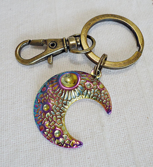 Rainbow Moon Keychain, Antique Bronze, Stainless Steel, Bag Charm, Zipper Pull, Purse Charm, Multicolor