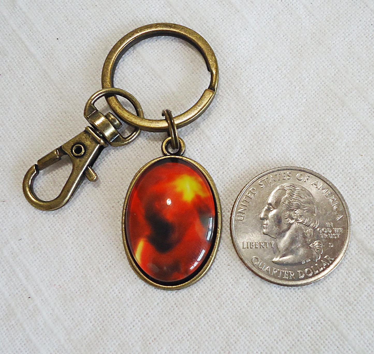 Solar Flare Keychain, Bag Charm, Zipper Pull, Red Yellow Bronze, Sky, Outer Space