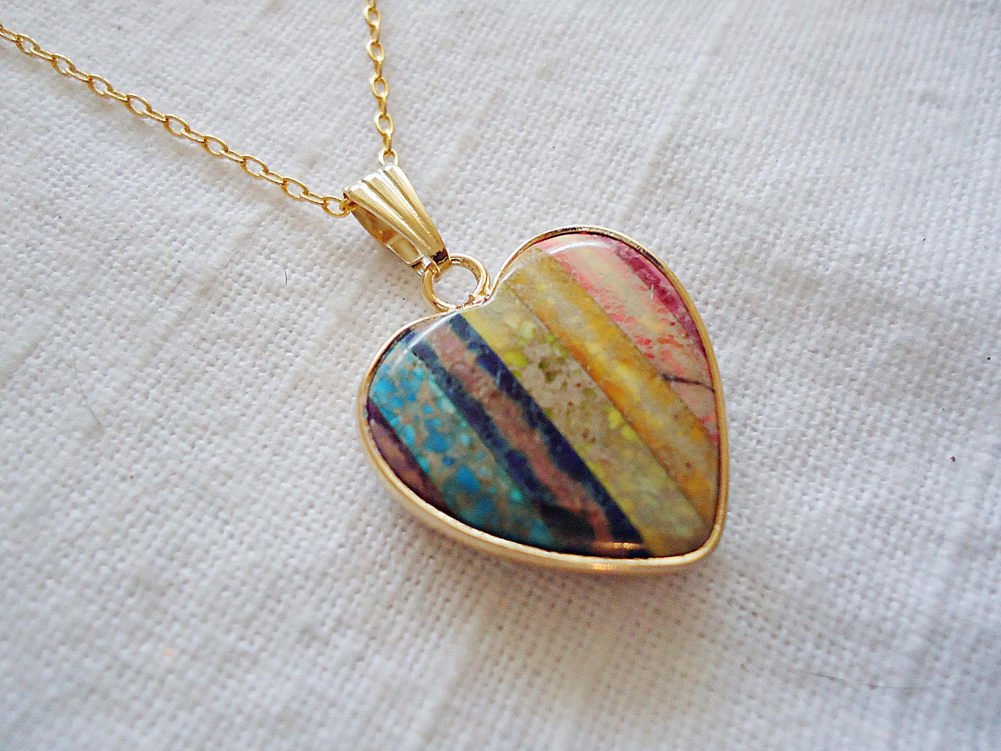 Rainbow Jasper Stone Heart Necklace, Sweet and Simple, Gold Brass 18" Chain