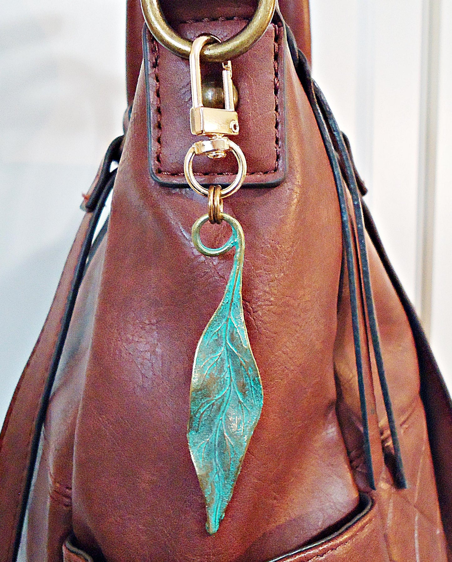 Bag Charm, Antique Patina Green Bronze Leaf Purse Charm, Zipper Pull, Keychain