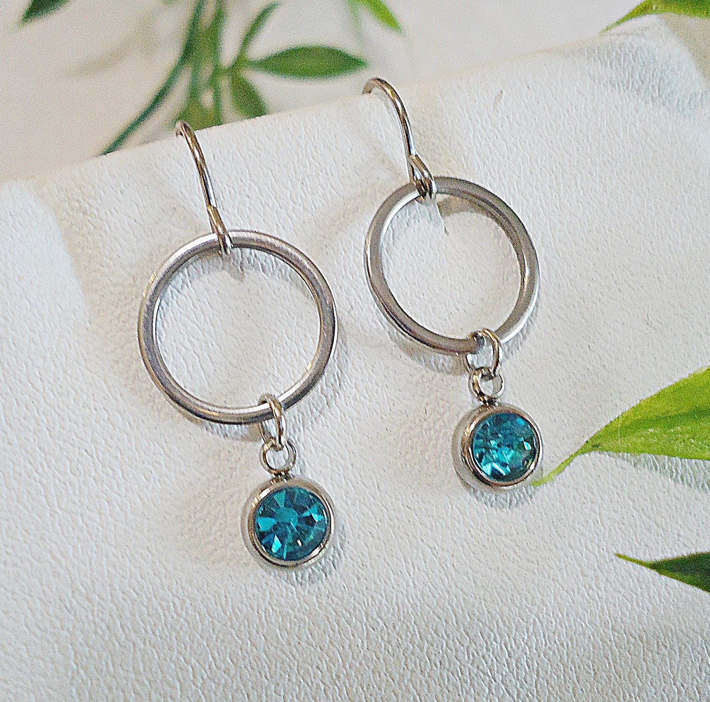 Birthstone Earrings, Stainless Steel and Cubic Zirconia, Round Hoop with Birthstone Charm Drop
