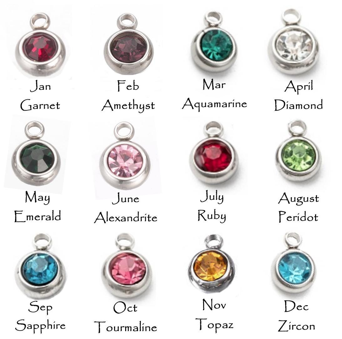 Birthstone Necklace, Stainless Steel and Cubic Zirconia, Round Hoop with Birthstone Charm Drop, Pendant Necklace, Stainless Steel 18" Chain