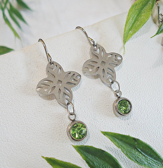 Birthstone Earrings, Stainless Steel and Cubic Zirconia, Flower with Birthstone Charm Drop