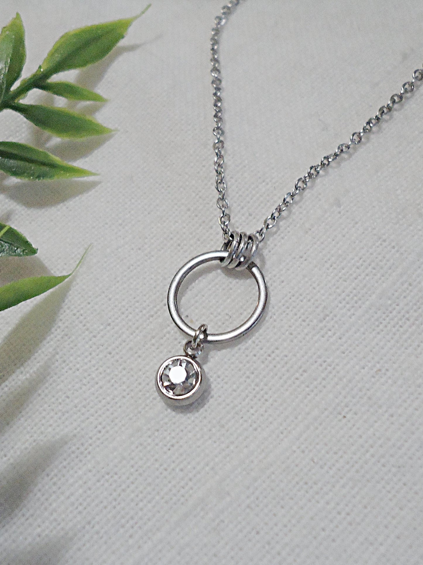 Birthstone Necklace, Stainless Steel and Cubic Zirconia, Round Hoop with Birthstone Charm Drop, Pendant Necklace, Stainless Steel 18" Chain