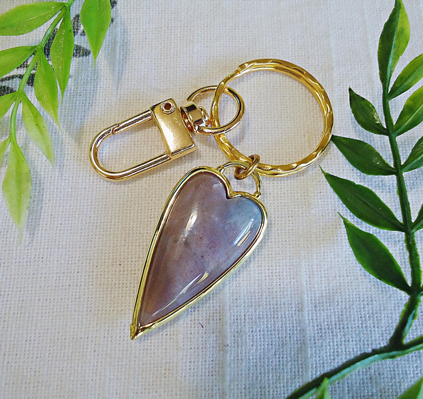 Bag Charm, Indian Agate Stone Heart, Gold Brass, Zipper Pull, Keychain, Purse Charm