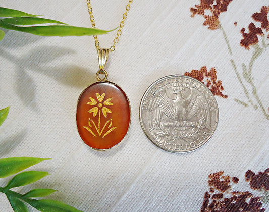 Red Agate Stone Necklace, 18" Gold Brass Chain, Gold Flower
