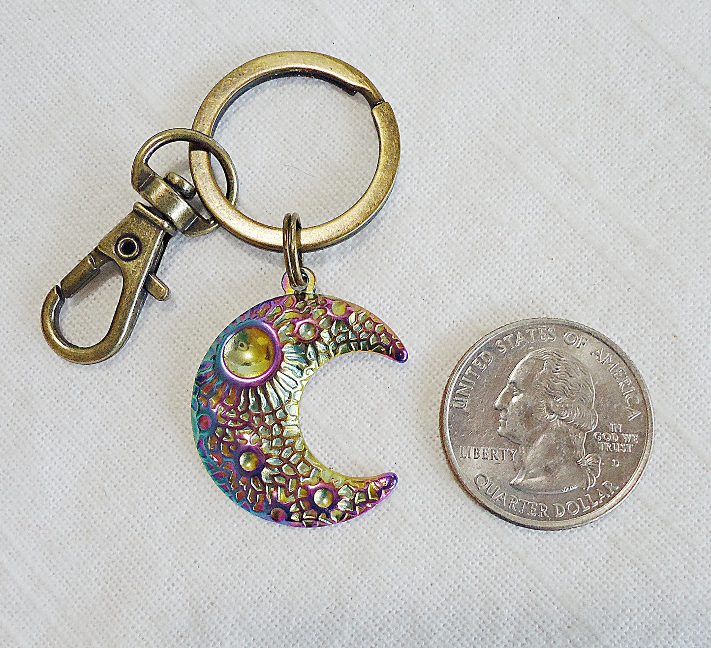 Rainbow Moon Keychain, Antique Bronze, Stainless Steel, Bag Charm, Zipper Pull, Purse Charm, Multicolor