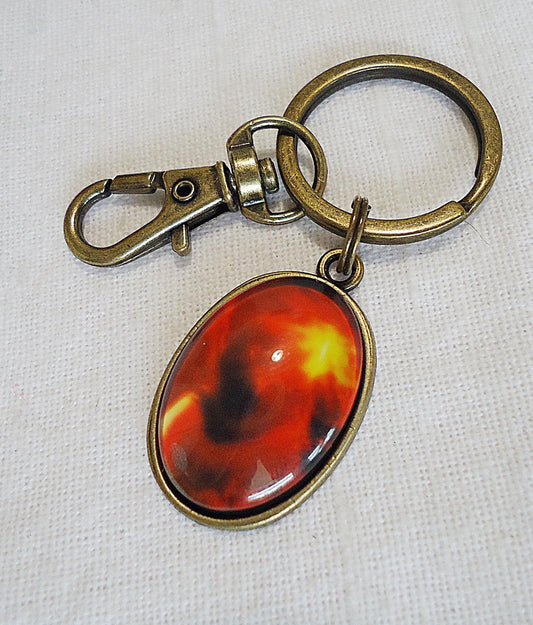 Solar Flare Keychain, Bag Charm, Zipper Pull, Red Yellow Bronze, Sky, Outer Space