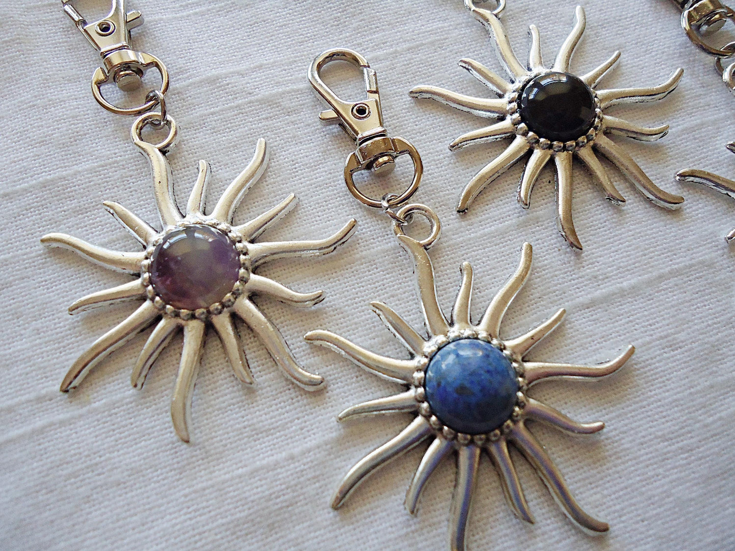 Sun and Stone Bag Charm, Zipper Pull, Large Silver Sun, Lapis Lazuli, Green Aventurine, Amethyst, Peach Quartz, Black Agate