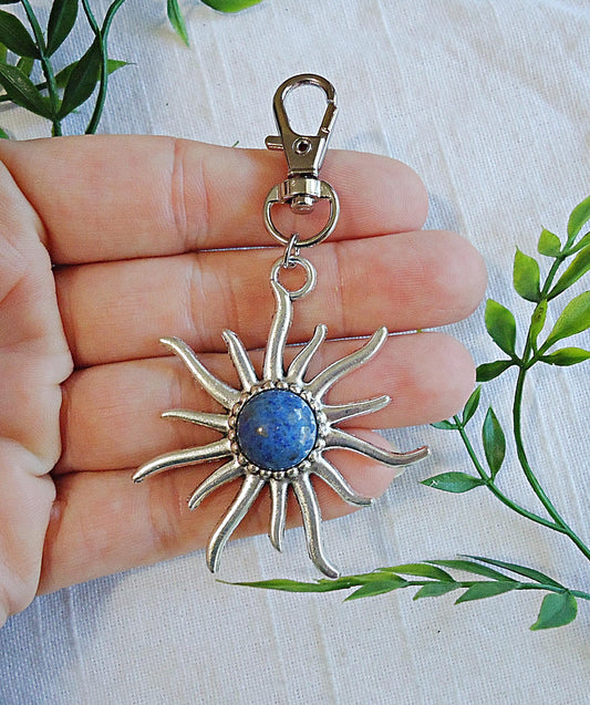 Sun and Stone Bag Charm, Zipper Pull, Large Silver Sun, Lapis Lazuli, Green Aventurine, Amethyst, Peach Quartz, Black Agate