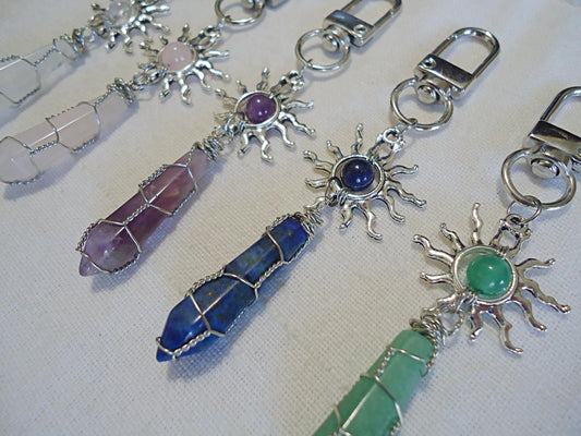 Sun and Stone Bag Charm, Zipper Pull, Crystal Bag Charms, Lapis Lazuli, Green Aventurine, Amethyst, Pink Quartz, Quartz