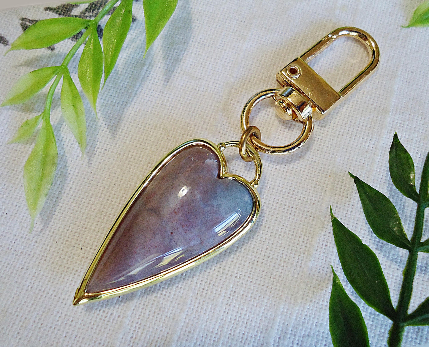 Bag Charm, Indian Agate Stone Heart, Gold Brass, Zipper Pull, Keychain, Purse Charm