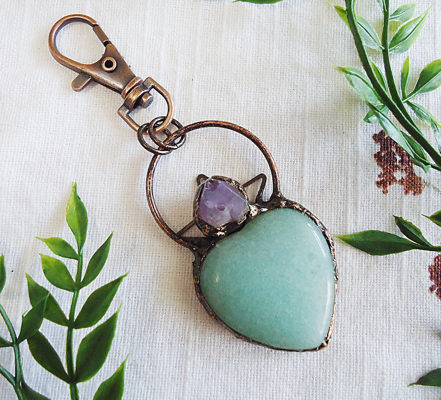 Green Aventurine and Amethyst Large Stone Heart Bag Charm, Antique Copper, Swivel Clasp, 2.25" Dangle