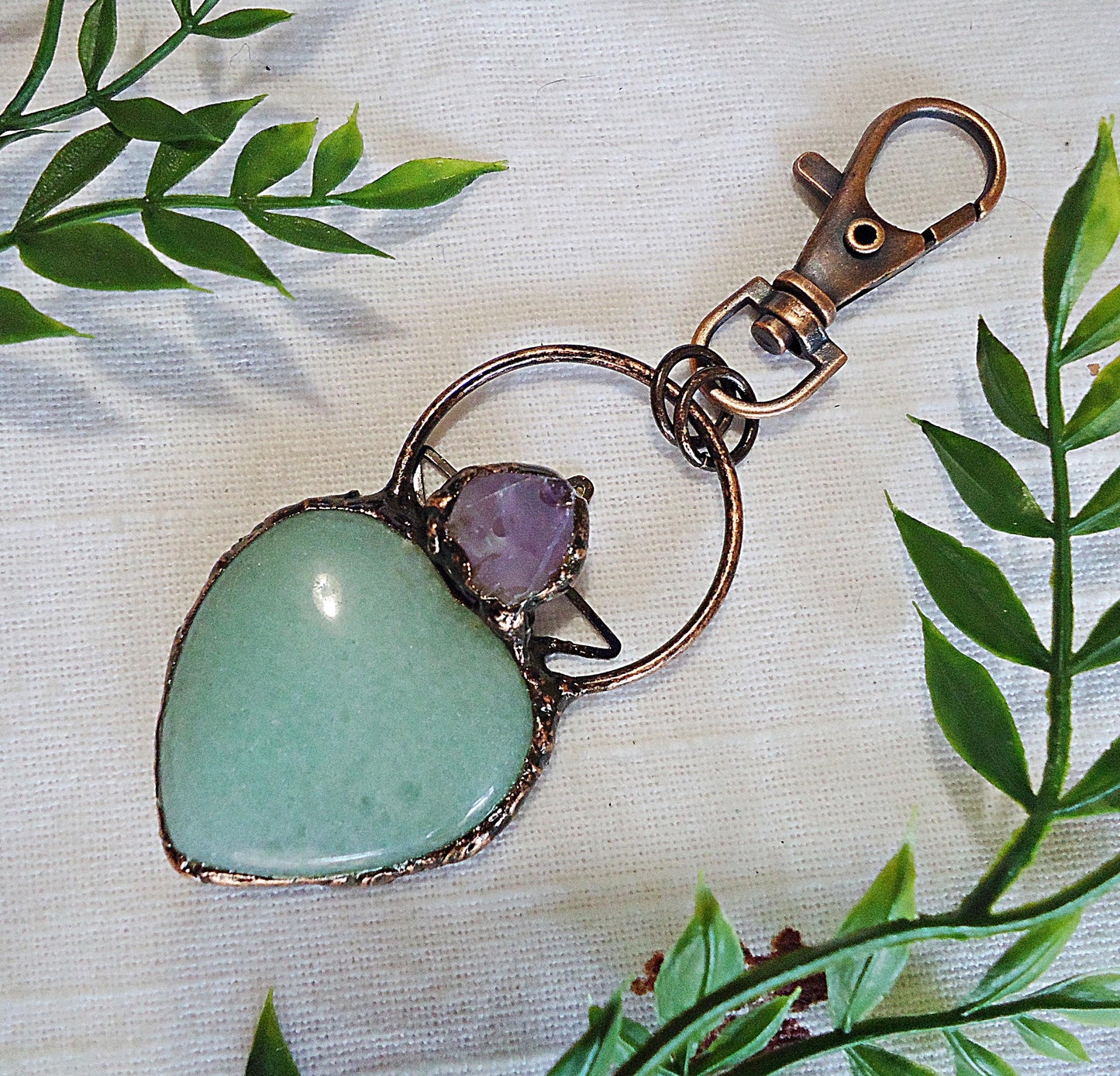 Green Aventurine and Amethyst Large Stone Heart Bag Charm, Antique Copper, Swivel Clasp, 2.25" Dangle